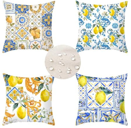 Kissenbezug 80x80 cm Sommer 4er Set Outdoor Kissen Wetterfest Sofakissen Leinen Deko Kissen Quadratische Kissenbezüge Zitrone Zierkissen, Lounge Kissen Outdoor für Garten Balkon Terrasse S 431
