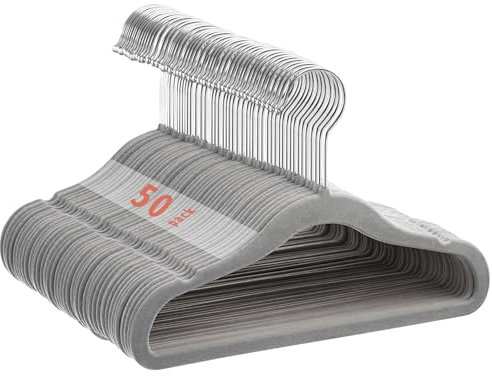 MangoKit Anti-Rutsch-Kinder Kleiderbügel aus Samt, Ultra-schlanke platzsparende Baby-Kleiderbügel, 360 Grad drehbare Haken, robuste und langlebige Baby-Kleiderbügel 50er Pack (28cm, Grau)