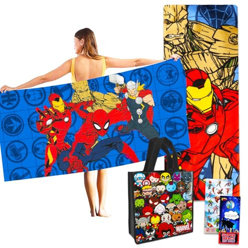 Marvel Avengers Towel Set for Kids - Bundle with 27x54 Avengers Microfiber Towel, Tote Bag, Stickers and More (Avengers Pool and Bathroom Set)