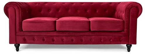 Bravich Velvet Chesterfield Sofa- Wine Red. 3 Seater Settee, Soft Plush Fabric Couch. Living Room Furniture, Easy Clean. 3 Seater- 209cm x 90cm x 78cm