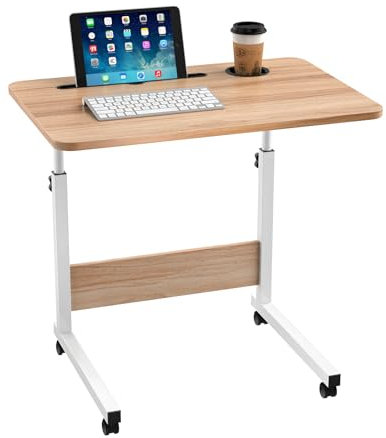 EXSELTMAN Table Roulante de Lit Canapé pour Ordinateur Portable Hauteur Réglable,Bureau Informatique avec roulettes Table d'appoint Bout de canapé Mobile avec Rainure de Tablette (Couleur du Bois)