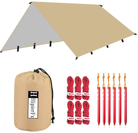 Hipier Camping Tent Tarp 3 * 4 m Portable Lightweight Waterproof Windproof Snowproof Tarpaulin Shelter Sunshade Canopy Hammock Rain Fly Tent Tarp for Outdoor Travel Fishing Hiking Beach (Khaki)
