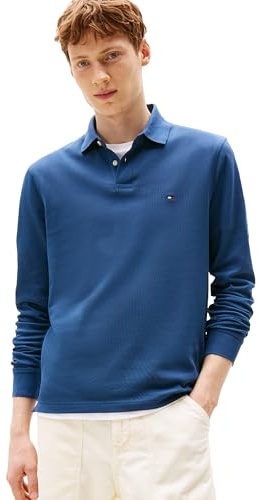 Tommy Hilfiger Men's Long Sleeve Polo Shirts in Regular Fit with Stretch and Organic Pique Cotton, Aegean Sea, XXL
