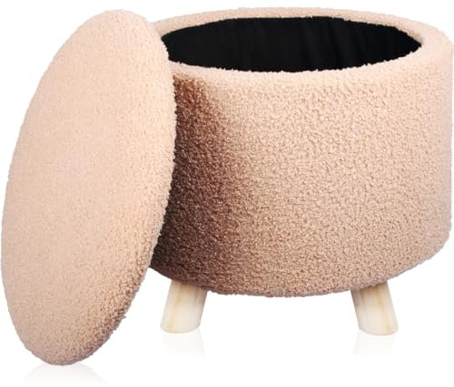 Sitzhocker mit Stauraum Deckel abnehmbar Hocker rund Fußhocker Aufbewahrungsbox Teddy Stoff