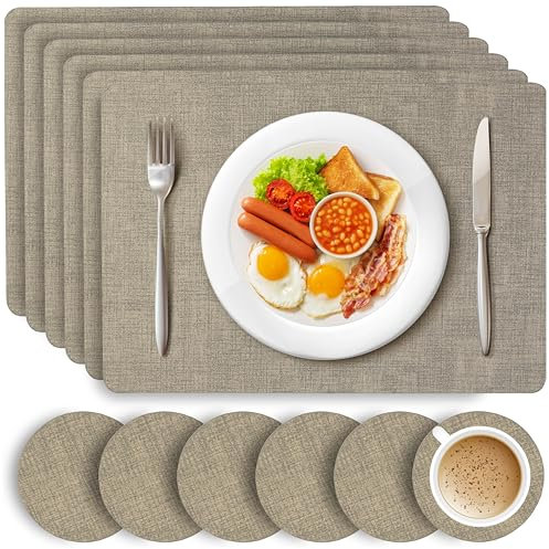 HEFTMAN Light Grey Placemats and Coasters - Set of 6 Large PU Leather Coasters and Place Mats for Table, Heat Resistant up to 100℃, Stain Resistant Wipe Clean Placemats, 43cm x 30cm