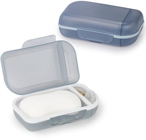 Oamwrae Case with TPR Sealing Ring, Portable Soap Holder, for Shower, Travel, Hiking, Bathroom (Grey & Blue), Polypropylene