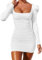 Belriviere Womens Sexy Ruched Bodycon Mini Dress Long Sleeve Square Neck Backless Club Party Cocktail Short Dresses S White