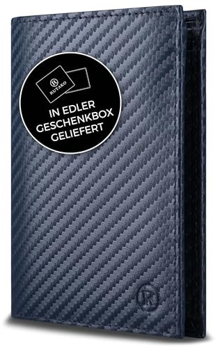 RUTAKO Leder Geldbörse Herren mit RFID Schutz - Portemonnaie Groß mit Münzfach - 12 Fächer - Geldbeutel für Männer - Brieftasche Wallet Portmonee Carbon-Blau