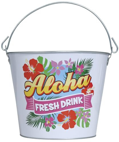 FIESTAS GUIRCA | Aloha Metall Eimer Wiederverwendbar (19x23 cm) - Tischdekoration für Sommer- und Abschlussfeiern - Ideal für Hawaiianische Themen und Feiern - Weiß