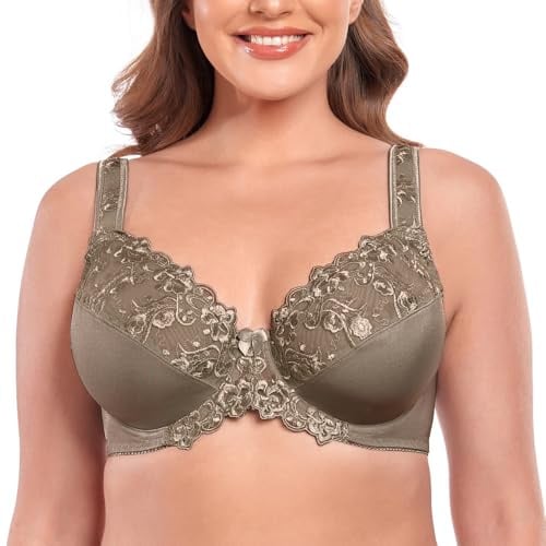 Ayigedu UK Women's Underwire Bra Lace Non Padded Plus Size Full Coverage Minimizer Bras 48H Brown