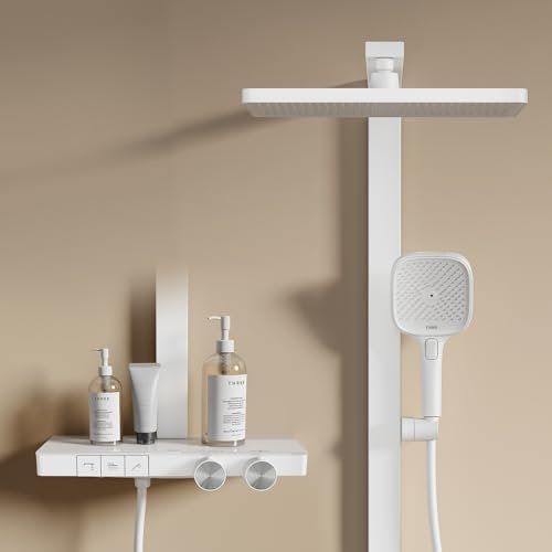 EMKE Duschsystem mit Thermostat,Weiß Matt, Einstellbarer Durchfluss Duschsystem Regendusche, 36x24 cm Regendusche, 4-Strahl Handbrause, inkl. Brausestange und Schlauch