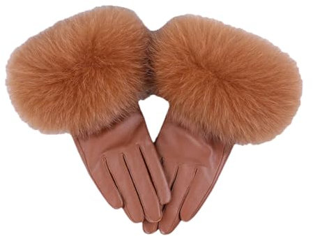 Damen Schaffell Fell Leder Handschuh Winter Warm Natürlich Flauschig Fell Leder Handschuhe, braun, 42