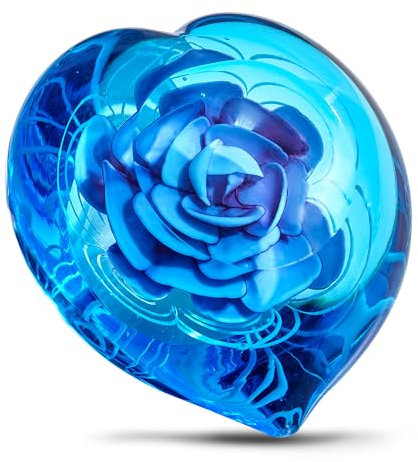 Briefbeschwerer aus mundgeblasenem Glas, Herzform, Blume, als Geburtstagsgeschenk (Herz-Rosa Blume)