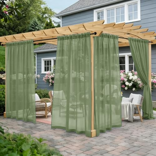 Awnmeow Outdoor Sheer Curtains for Patio Waterproof, 2 Panels Rod Pocket Indoor/Outdoor Voile Sage Green Sheer Curtain for Pergola, Porch, Cabana and Gazebo，52 x 84 Inch