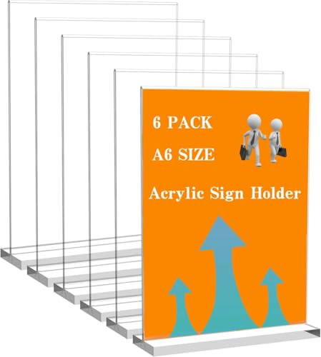 GOVNPJ 6 Stück A6 Acryl Schilderhalter, transparenter vertikaler doppelseitiger Ständer,Tischschildhalter,Tischplatte für Hochzeitsmenü, Party-Dekoration, Bilderrahmen,Restaurant, Hotel