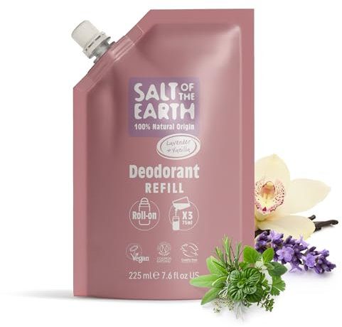 Salt of the Earth - Natural Deodorant Roll On Refill Pouch, x3 Uses - Lavender & Vanilla - Vegan, Long Lasting Protection, Leaping Bunny Approved, Made in the UK - 225ml