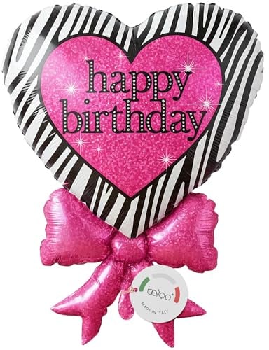balloa Folienballon XXL Herz Happy Birthday Zebra Pink, Helium Ballon Geburtstagsdeko, Luftballon Deko Geburtstag, Geschenkidee für Frauen Mädchen Party Feier, pinker Herzballon mit Schleife, 61cm