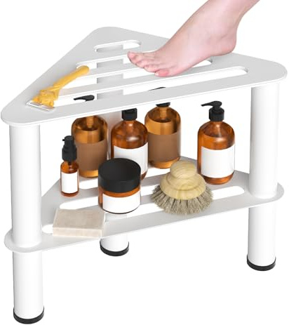 Shower Foot Rest, 2-Tier Upgraded Rust-Proof Shower Stool for Shaving Legs | Upgraded Waterproof Shower Stool, Corner Bench Seat with Storage, for Inside Shower/ Small Spaces, Anti Slip & Stable, White