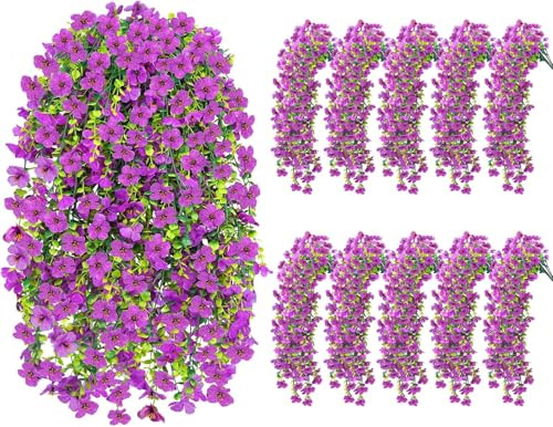 Fairblo 10 Pezzi Fiori Finti da Esterno Piante Finte Cadenti con Fiori Artificiali da Esterno per Balcone Viola Piante Pendenti Artificiali da Interno per Decorazione Giardino Terrazze Matrimoni Viola