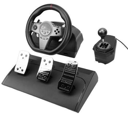 PUSOKEI Racing Wheel, 270 Degree PC Racing Steering Wheels Simulator with 3-Pedals and Shifter Bundle, for Portable Game Consoles