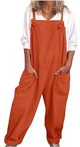 VPQILH Womens Cotton Linen Dungarees Ladies Sleeveless Jumpsuit Adjustable Straps Romper Solid Color Bib Overalls Loose Fit Bodysuit with Pockets Playsuit Summer Jumpsuits Size S-5XL