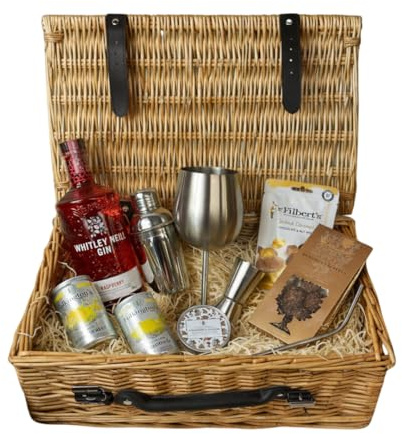 Whitley Neill Raspberry Gin 70cl 43% ABV 16 Luxury Gift Hamper | Cocktail Shaker, Tonic Cans, Metal Glass, Truffles Nut Mix & Candle, Premium Flavoured Gin Gift Set UK