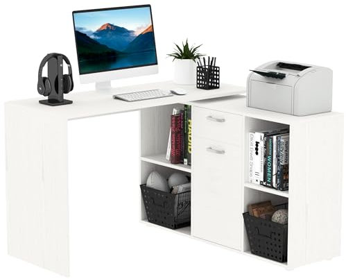 HOMCOM L-Shaped Computer Desk with Storage Compartments, Drawer and Cabinet, Laptop PC Corner Table, Home Office Workstation, 120 x 115 x 76cm, White