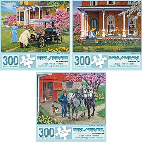 Bits and Pieces - Set of Three (3) 300 Piece Jigsaw Puzzles for Adults - Each Puzzle Measures 18 X 24 - 300 pc Spring Scenes Jigsaws by Artist John Sloane