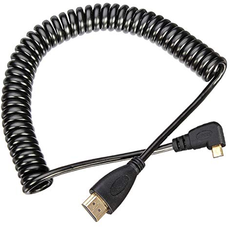 CY - Cavo spiralato per HDTV, da Micro HDMI a HDMI maschio, per telefono cellulare, tablet e fotocamera, connettore angolato a sinistra di 90°, colore nero