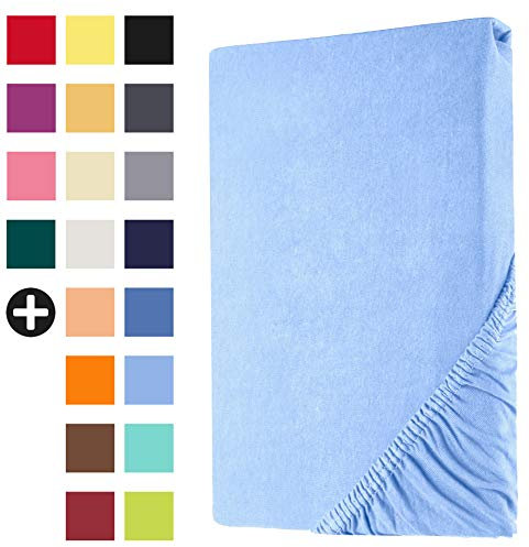 Heim24h Spannbettlaken 90x200cm bis 30 cm, Hellblau, 100% Baumwolle Bettlaken, Öko Tex Zertifiziert Jersey Spannbetttuch