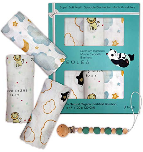 Mussole Neonato 100% Bamboo Biologisch, 3 Decken aus Musselin, 120 x 120, Babydecke für Kinderwagen, Babyschale, weich, sicher, für alle Jahreszeiten, mehr Schnuller, Leolea