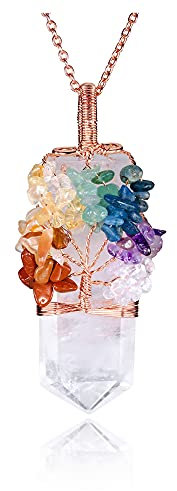VadiForest Natural 7 Chakra Stone Tree of Life Pendant Necklace Reiki Healing Crystal Tumbled Stones Necklace Women Girl Jewelry for Good Luck, Meditation, Protection, Stone, clear quartz