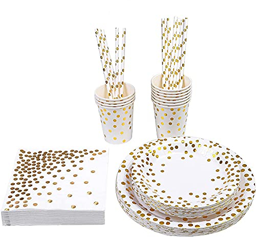 Ritte 65 Piezas Vajilla De Fiesta, Vajilla De Fiesta De Oro, Vajilla de Fiesta de Cumpleaños, Vajilla De Fiesta De Lunares De Oro para Fiestas, Bodas, Aniversarios, Cumpleaños (10 Invitados)