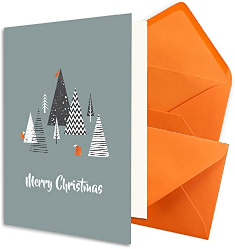 NEUSER PAPIER 20x nachhaltiges Weihnachtskarten-Set DIN A6 in Blau mit Weihnachtsbäumen und Text - Faltkarten mit Umschlägen DIN C6 in Orange mit Nassklebung - Weihnachtsgrüße für Firmen und Privat