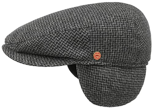 Mayser Merlino Zigzag Flatcap mit Ohrenklappen Schirmmütze Schiebermütze Wollcap Ohrenschutz Herren - Made in The EU Schirm, Futter, Lederband Winter Herbst-Winter - 58 cm schwarz