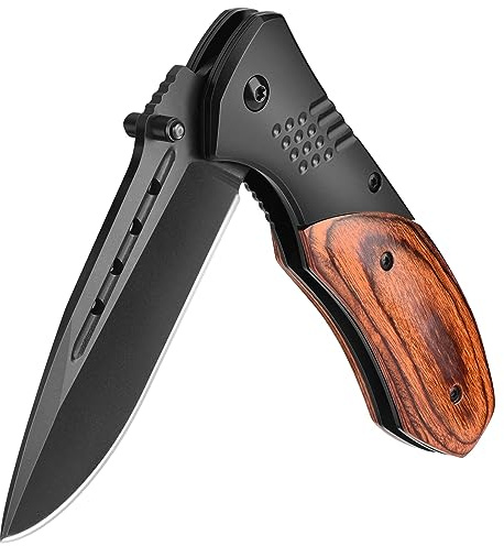 KEXMO Pocket Knife for Men - Sharp Blade Wood Handle Pocket Folding Knives with Clip, Glass Breaker - EDC Knives for Survival Camping Hunting Fishing Hiking Women, Large, Black