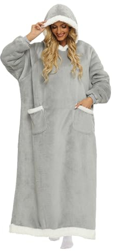 FEELJAM Decke mit Ärmeln und Kapuze kuscheldecke hoodie Grau Wärme ärmeldecke Winter TV Decke mit Hut Erwachsene Unisex