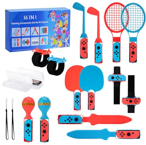 14 in 1 Switch Sport Zubehör Bündeln, 2022 Switch Sports Bundle für NS Switch/Switch OLED mit Tennisschlägern, Golfschlägern, Fechtgriff, Bowlinggriff, Handgelenk- und Beinbändern, Joycon-Armband