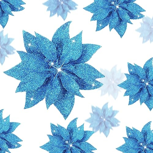 Chunyin 24 Pezzi 3 Dimensioni Fiori di Poinsettia di Natale Fiori Artificiali di Magnolia per Albero di Natale Fiori Finti Glitterati Natalizi con Clip Decorazioni per Festa Capodanno (Blu)