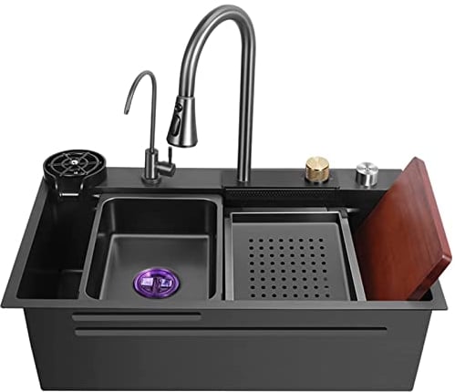 Kitchen Sink,New Stainless Steel Waterfall Sink,Drop in Single Bowl Workstation Sink,with Cup Washer Sinks (Color : Black, Size : 75x46cm)