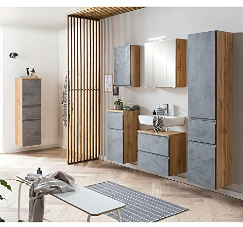 Lomadox Badmöbel Komplett Set inkl. LED Beleuchtung in Wotan Eiche Nb. mit Beton Optik,