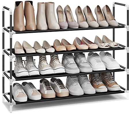 SONGMICS 4-Tier Shoe Rack, Shoe Storage for Hallway Closet, Slim and Space-Saving, Metal Frame, Non-Woven Fabric Shelves, Black LSH054B01