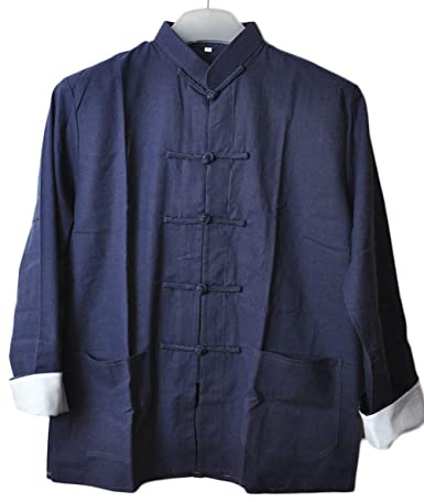 CORETIC Men's Cotton Linen Kung Fu Shirt Chinese Traditional Tang Suit Tai Chi Blouse Long Sleeve Jacket Coats (as1, alpha, x_l, regular, regular, Grey Blue)