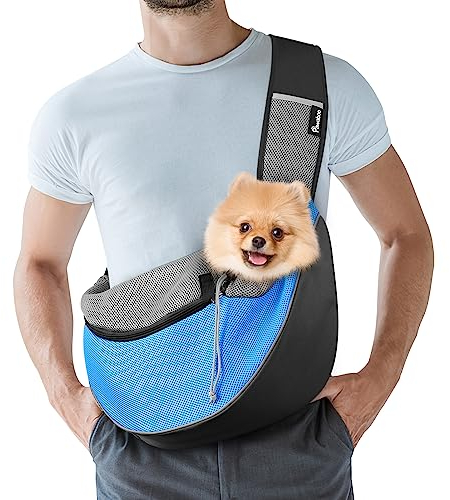 Pawaboo Zaino per Cani e Gatti, Contenitori da Trasporto per Cani, Trasportino da Passeggio con Cordino Regolabile, in Rete Traspirante e Comoda Tracolla, con 3 Tasche, Taglia L - Azzurro