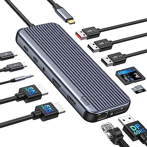 USB C Docking Station für DP1.4, USB C Dock zu Dual 4K HDMI Displayport 12 IN 1 Docking Station Dual Monitor Triple Display mit Dual HDMI 8K DP USB 3.1 10Gbps 100W PD Gigabit Ethernet SD/TF Audio/Mic