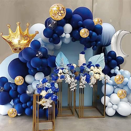 Blau Ballon Girlande Set, Blaue Weiß Latex Luftballons Girlande mit Happy Birthday Banner, Kronen Mond Folienballons für Geburtstagsdeko, Babyparty Deko Junge, Wedding Decoration, Baby Shower