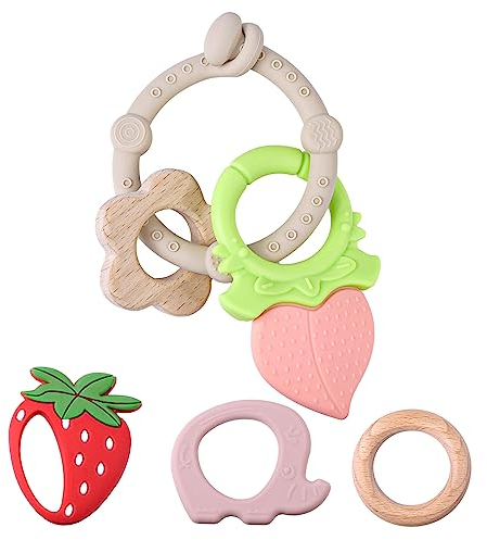 TYRY.HU Beißring Baby Armbänder Beissring Kühlend Zahnungshilfe Zahnen Obst Spielzeug Kauspielzeug Greifling Abnehmbar 6 Stück aus Silikon Beißspielzeug BPA-frei Geschenke für Neugeborene