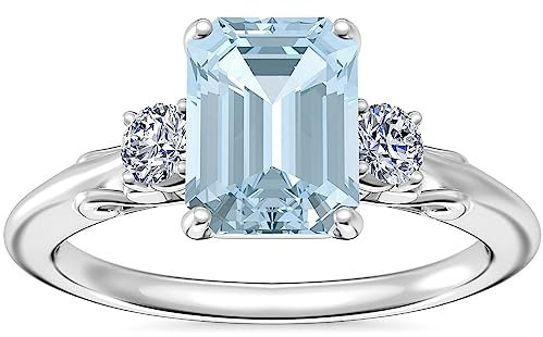 Aquamarine Emerald-Cut Octagon 8x6mm Three Stone Ring | Sterling Silver 925 With Rhodium Plated | Wedding, Anniversary And Engagement Collection. (White, 55 (17.5))