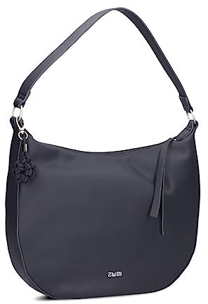 Zwei Damen Schultertasche Yuna YU110 Moon-Bag 6 Liter klassisch elegante Hobo-Bag mit Blümchen-Anhänger und Schlüsselband, innen 3 Fächer, extra langes Zipper-Band, hochwertiges Kunstleder (ink)