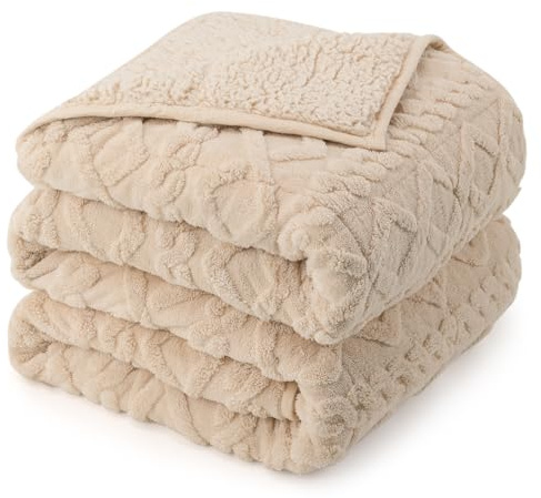 Weighted Blanket Queen Size 15lbs, Classy Soft Jacquard Sherpa Weighted Blankets for Sleep Natural and Calming, Fluffy Cozy Sofa Bed Blanket for Winter, Beige, 60 x 80 inches